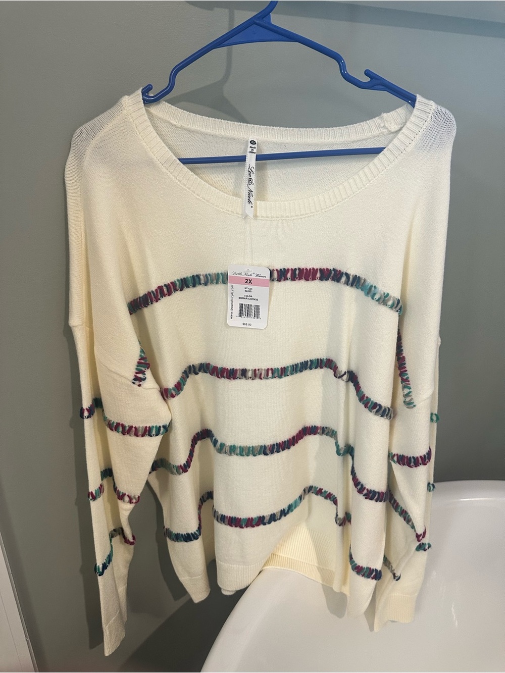 Leo & Nicole Cream Sweater with Teal and Magenta Stripe Accents